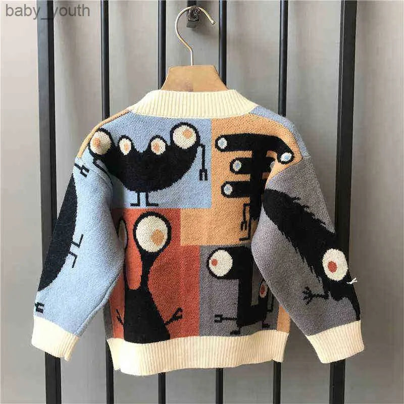 1-8Year Baby Boys Knitted Sweater Autumn Winter V Neck Single Breasted Jacket Kids Catoon Casual Sweater Tops Y0925