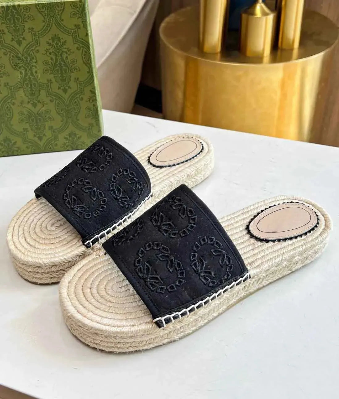 2024SS Brand Womens Interlocking-G Espadrille Sandals Shoes Cord Slide Flats Platform Rubber Bottom Slippers Daily Lady Walking EU35-42