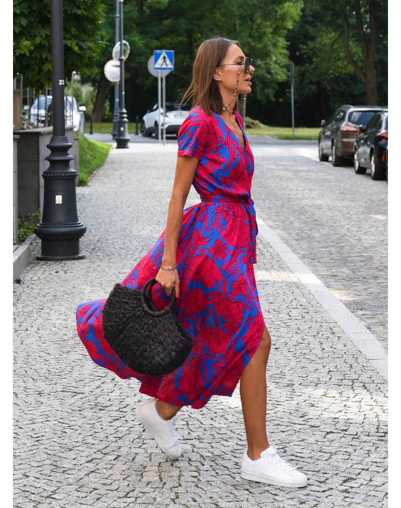 2024 designer womens skirt summer new V-neck print lace-up Lady Floral dress Urban fashion Clothes