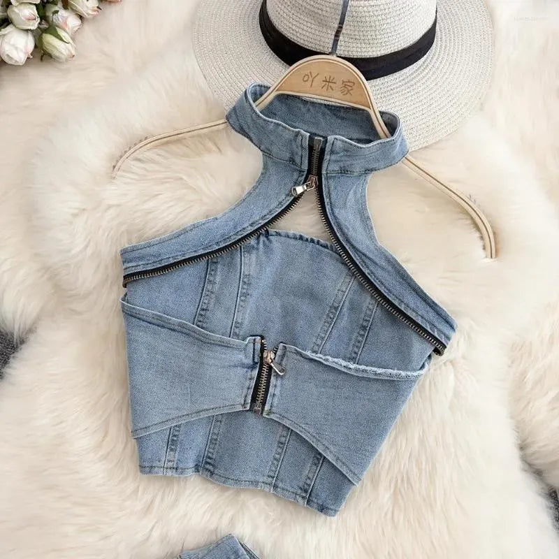 Women's Tracksuits Denim Two Piece Sets Womens Outfits Summer Vintage Hanging Neck Sleeveless Sexy Crop Top Half Body Short Skirt Set For