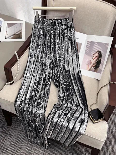 Women's Pants Circyy Sequins Women High Waisted Glitter Loose Wide Leg Trousers Vintage Fashion Full Length Shiny Straight Pant