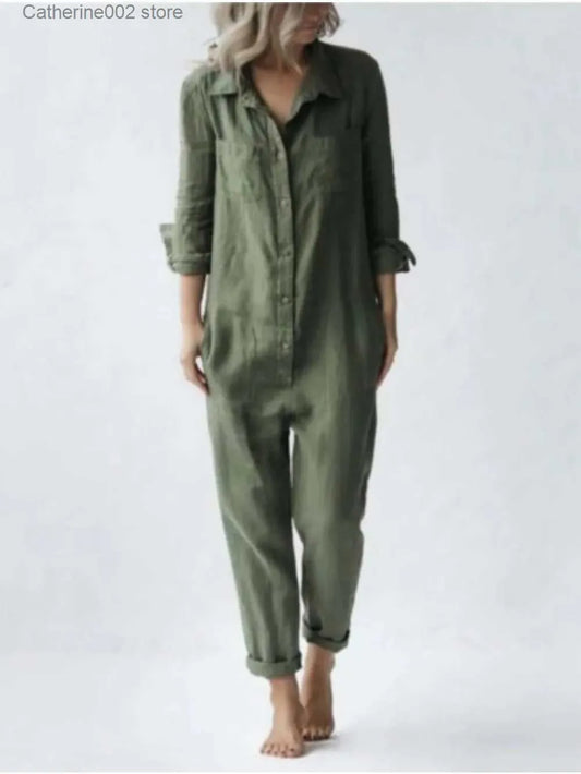 Women's Jumpsuits Rompers Cotton Jumpsuit Sexy Vintage Romper Long Pants Women Slim Bodycon Jumpsuits Long Sleeve Army Green Solid Casual Cargo Pants T231023