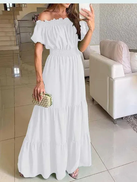 Basic Casual Dresses 2024 Summer Solid Boho Dress Women Fashion Elegant Beach Party Dress Casual Slash Neck Office Maxi Dresses For Woman Robe FemmeL2404