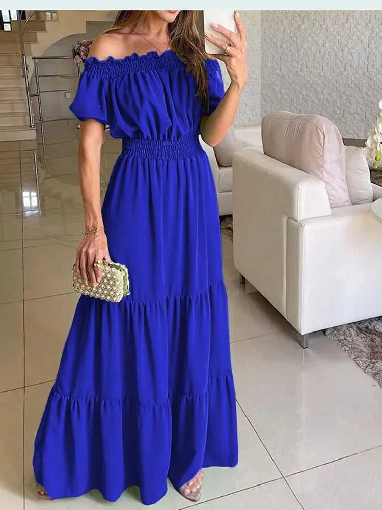 Basic Casual Dresses 2024 Summer Solid Boho Dress Women Fashion Elegant Beach Party Dress Casual Slash Neck Office Maxi Dresses For Woman Robe FemmeL2404