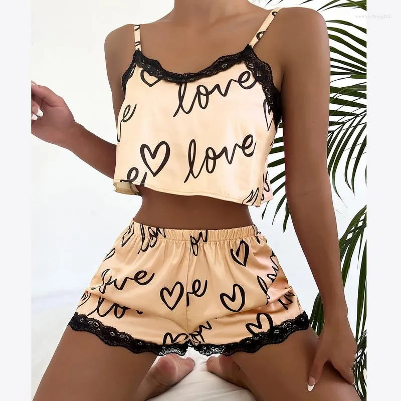 Women's Sleepwear Two Pieces Set Women'S Pajama Shorts Suit Print Underwear Pijama Sexy Lingerie Camisoles Tanks Nighty Ladies