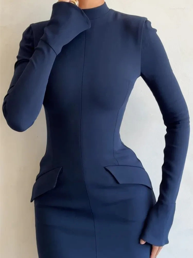 Casual Dresses Elegant Dark Blue Solid High Waist Mini Dress Women Fashion With Pocket Long Sleeve Bodycon Chic Party Club Robes