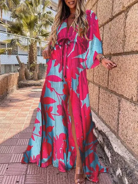 Casual Dresses Boho Print Maxi Dress for Women Bikini Cover Ups Summer Bohemian Beach Sundress Sexy Floral Tunic Long Dress Vestido Feminino 221126