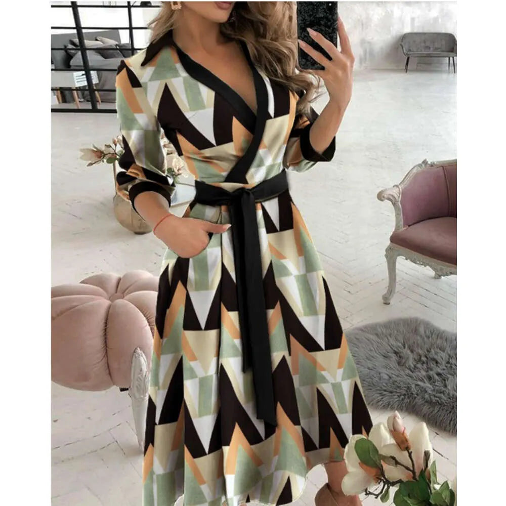 Designer Maxi Dresses For Women V Neck Long Shirt Chain Print Lapel Neck Party Dress Casual Long Sleeve Oversized Spring And Summer Ladies Full Length Skirt