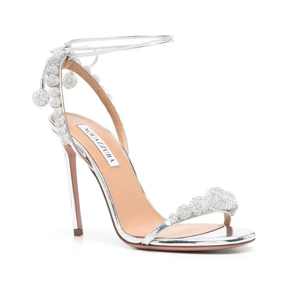 Aquazzura rhinestonesball ball decoration sandals stiletto Heels strap ankle strap sky-high Evening shoes women high heeled Luxury Designers Dress shoe With box