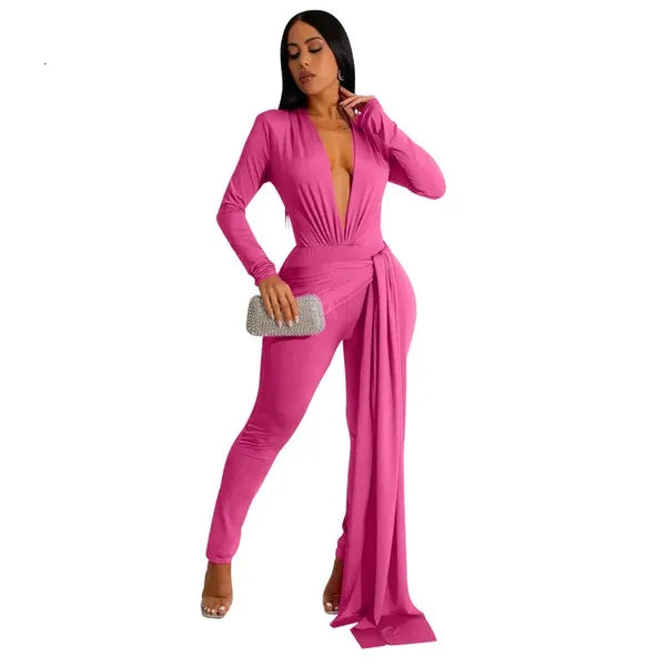 Women's Jumpsuits Rompers Elegant Ribbon Bodycon Jumpsuits Sexy Long Sleeve Lace Up Romper Club Party Summer Women Clothes Overalls Luxury 231202