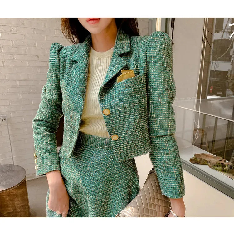 Two Piece Dress Elegant Tweed Woolen Jacket and Long Skirt Two Piece Set Women Autumn Winter Dress Suit Fashion Designer Green Party Outf 2024