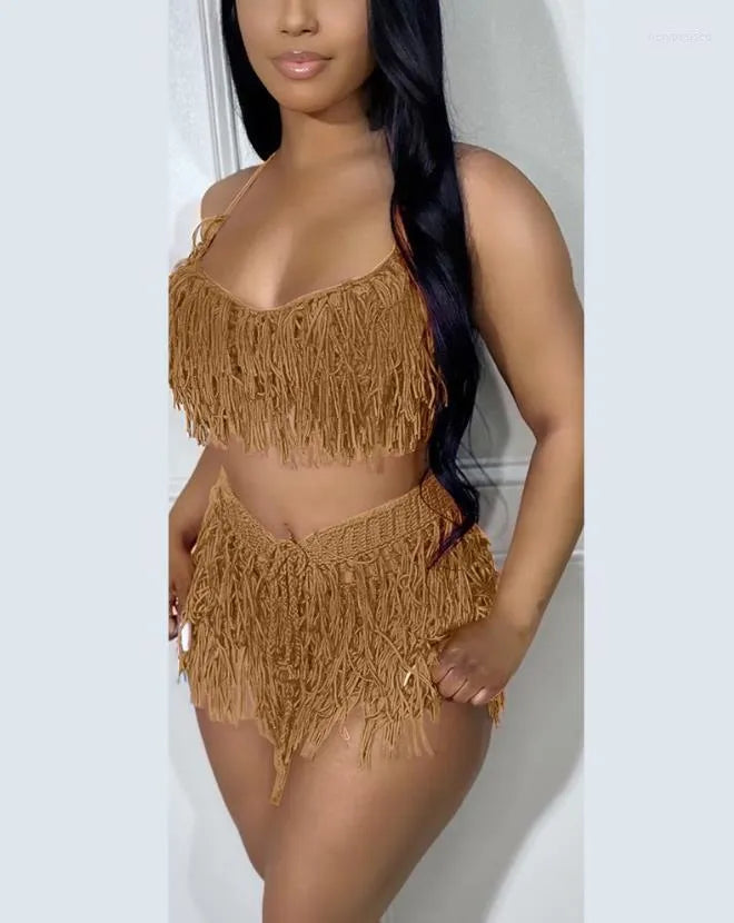 Women's Tracksuits Sexy Womens Two Piece Sets Outfit Spaghetti Strap Crop Crochet Top & Tassel Design Shorts Set Fashion 2023 Summer