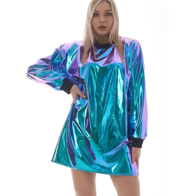 Casual Dresses Women Casual Loose Holographic Dress O-neck Long Sleeve Metallic Wetlook Oversized Mini Dress Laser Patchwork Dress Vestidos