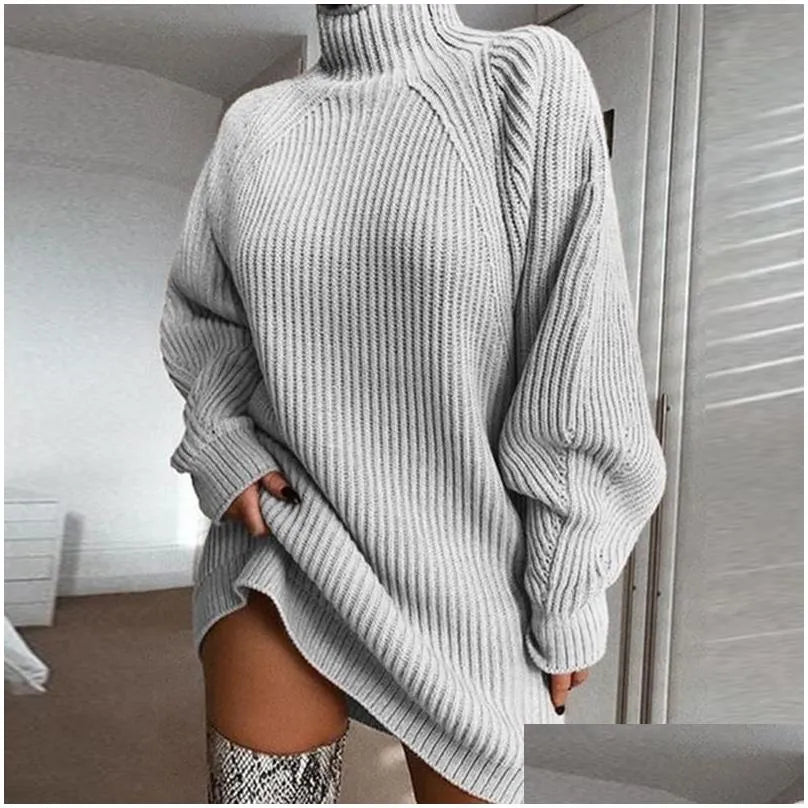 Basic Casual Dresses Autumn Solid Long Sleeve Elegant Mini Sweater Dress Plus Size Winter Clothes Women Turtleneck Oversized Knitted Dhz0C