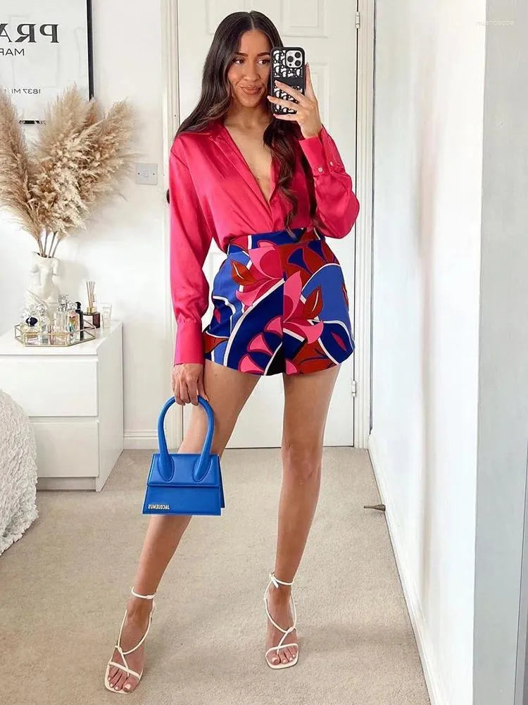 Women's Tracksuits Street Style Vintage Print Shorts Sets Long Sleeve Shirt And Co Ord Set Women Clothing 2024 Fashion Womens Two Peice