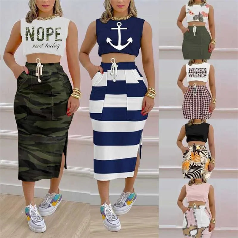 Womens Designer Clothes Casual Track Dresses 2023 New Printed Open Navel Tank Top Split Skirt Two Piece Set