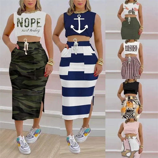 Womens Designer Clothes Casual Track Dresses 2023 New Printed Open Navel Tank Top Split Skirt Two Piece Set