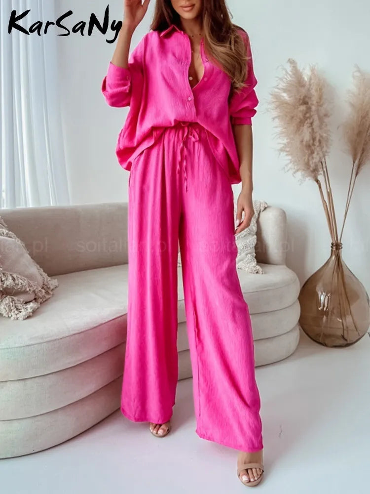 Women's Two Piece Pants KarSaNy Long Sleeve Loose Shirts Set Woman Sets For Women High Waist Wide Leg Trousers Suits Spring 230313