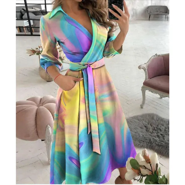 Designer Maxi Dresses For Women V Neck Long Shirt Chain Print Lapel Neck Party Dress Casual Long Sleeve Oversized Spring And Summer Ladies Full Length Skirt