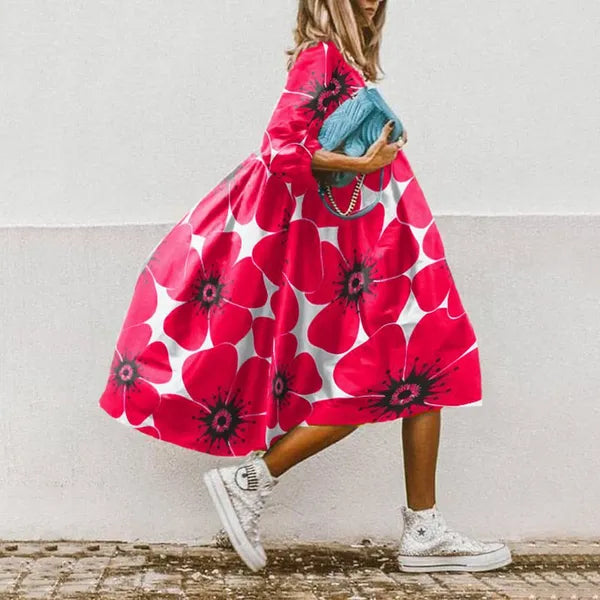 Casual Dresses 2023 Floral Print Oversized Women Elegant O Neck Half Sleeve A-Line Midi Dress Summer Boho Sundress Party Dreses Vestidos