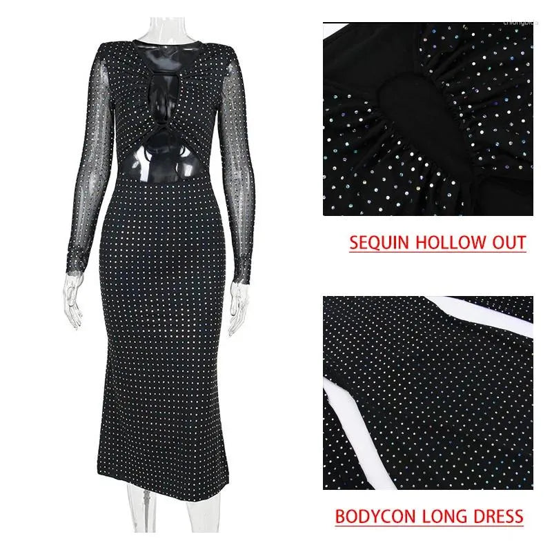 Casual Dresses Avrilyaan 2024 Black Sequin Hollow Out Sexy Dress Women Robes Elegant Evening Party Bodycon Maxi Long Winter Vestido