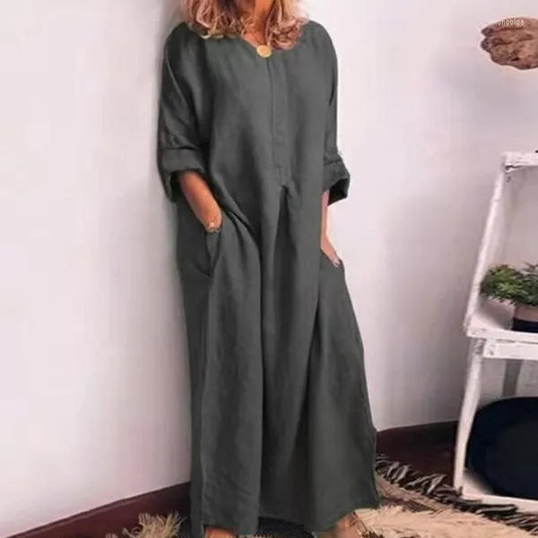 Casual Dresses 2023 Women Vintage Spring Fall Oversized Long Maxi Dress Solid Simple Sleeve Slit Hem Cotton Linen Robe