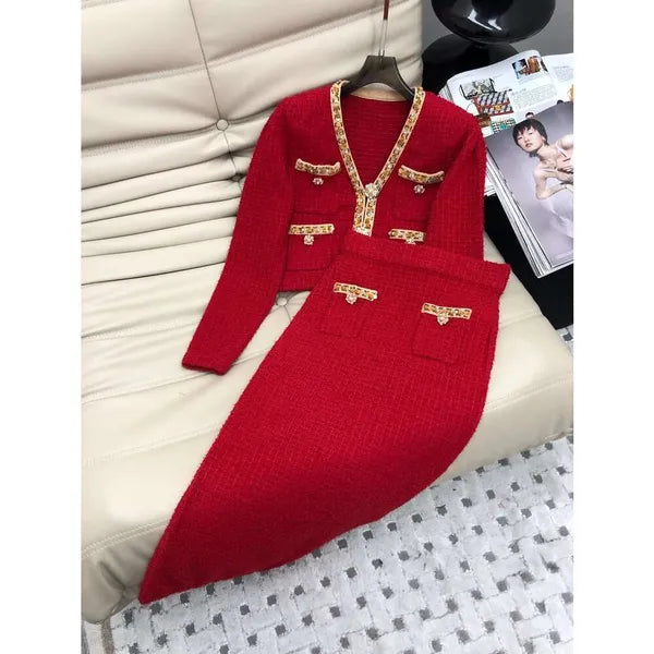 Fashion Designer Jacket 2024 Rhinestone Botton Red Midi Straight Skirt Set V-neck Party Wear Clothing For Women Short Jacket Elegant Women Mini Skirt FZ2403041