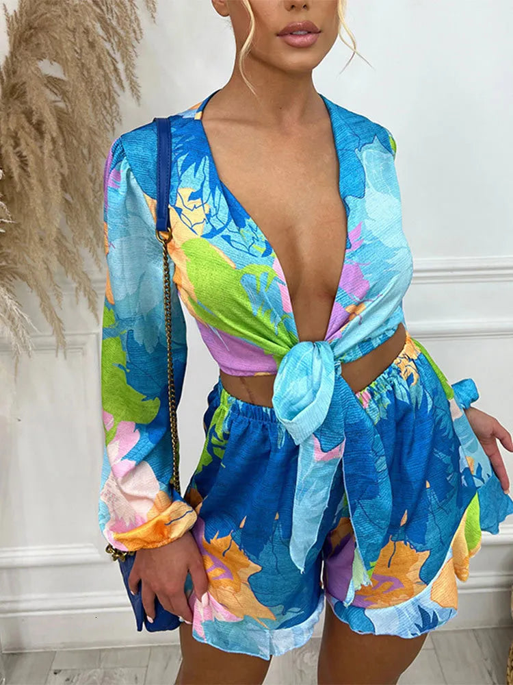 Womens Tracksuits Shorts Summer Suit Fashion Woman Blouses With Prints Two Piece Sets Long Sleeve Tops Female Flared Trouser Suits 230209