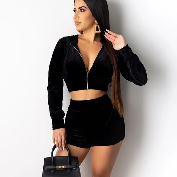 Womens Tracksuits Velour Women Two Piece Set Zipper Hooded Jacket Crop Top With Shorts Suit Juicy Coutour Velvet Sets Outfits 230209