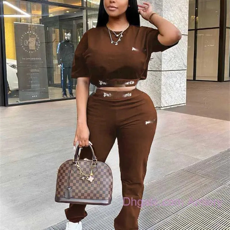 Designer Womens Tracksuits Summer Casual Outfits Two Piece Pants Set Printed Letter Short Sleeve Crop Top Plus Size Clothing