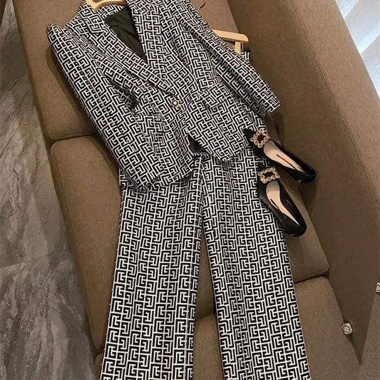 Women's Two Piece Pants JUNE LIPS Brand High Quality Women Embroidery Pattern Long Blazer Elegant Set Designer Suits Wholesale XS-3XL 220924