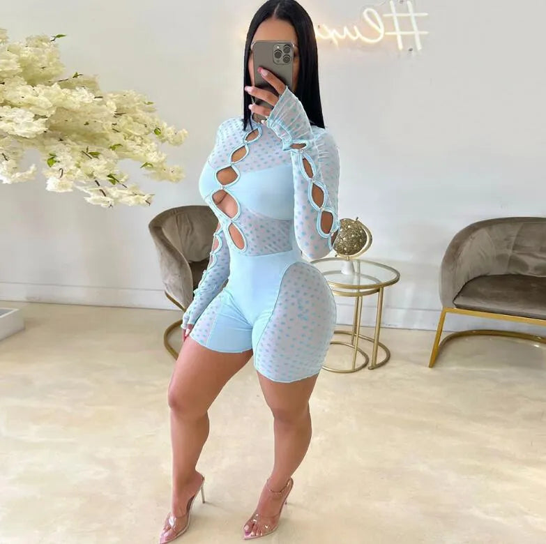 Women's Sexy Hollow Out Long Sleeve Jumpsuit Women Romper Club Hole See Through Mesh Ladies Playsuits Slim Stitching Shorts