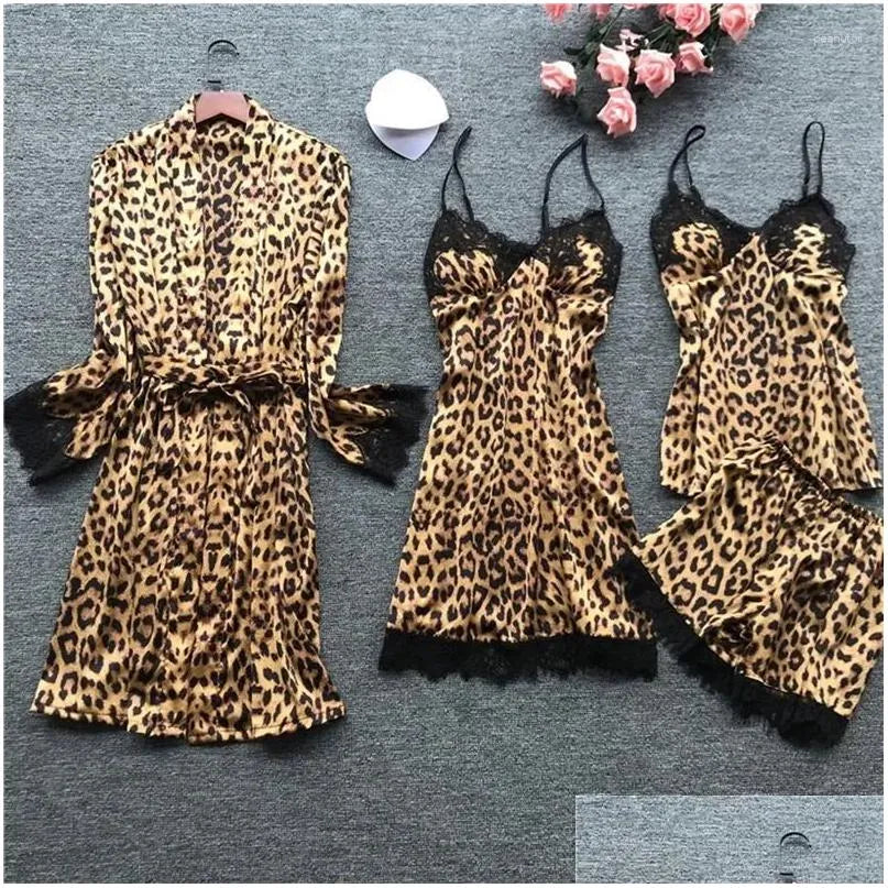 Women'S Sleepwear Womens Leopard Print Sexy Women Pajamas Sets Satin Pijama Silk Home Wear Embroidery Sleep Lounge Pyjama Nightwear Dhru3