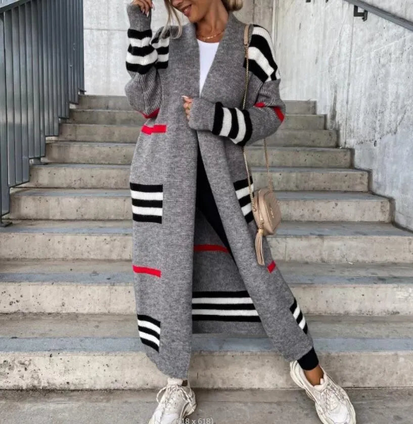 Autumn Winter Women's Sweaters Knitted Cardigan Women Striped Patchwork 2023 Elegant Loose Long Outerwear Sweater Coat Soft Jacket