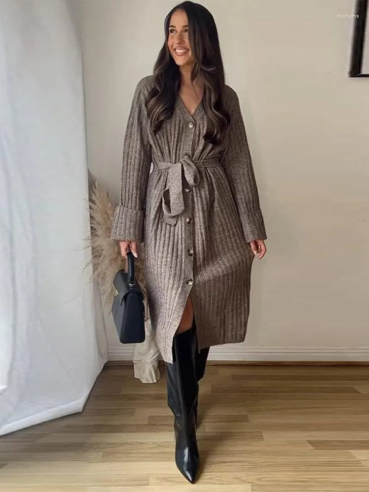 Casual Dresses Elegant Single Breasted Rib Knit Long Dress Women Oversized V-neck Sleeve Robe With Belt 2023 Autumn Female Vintage