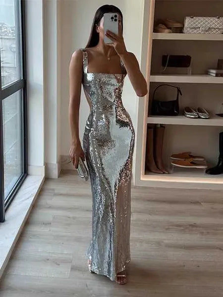 Basic Casual Dresses Sexy Sling Backless Silvery Maxi Dresses For Women Fashion High Waist Bodycon Sleeveless Robes Female Evening Party VestidosL240105