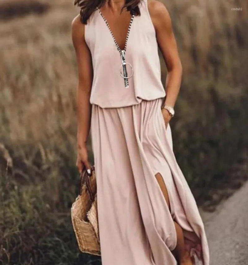 Casual Dresses Long Dress Summer Women Sleeveless Letter Print V Neck Zipper Pocket Split Up Beach Holiday For