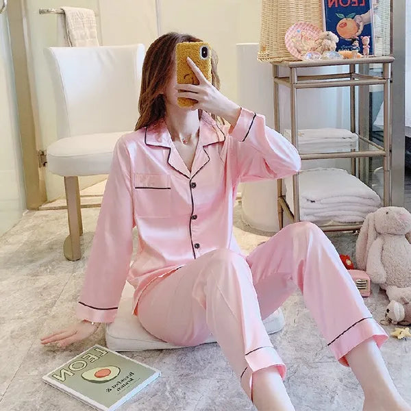 Women's Sleepwear 2023 Silk Satin Pajamas Set Woman Printed Long Sleeve Pijamas Suit Female Homewear Two Piece Loungewear Pjs Plus Size