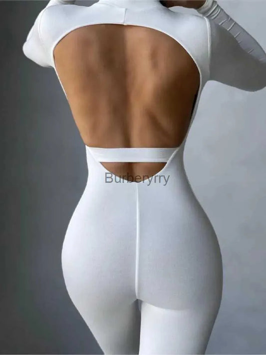 Women's Jumpsuits Rompers Long Sleeve White Backless Fe Jumpsuit Women Romper Outfit Ladies Sexy Bodycon Black Brown Jumpsuit Overalls Woman ClothesL231005