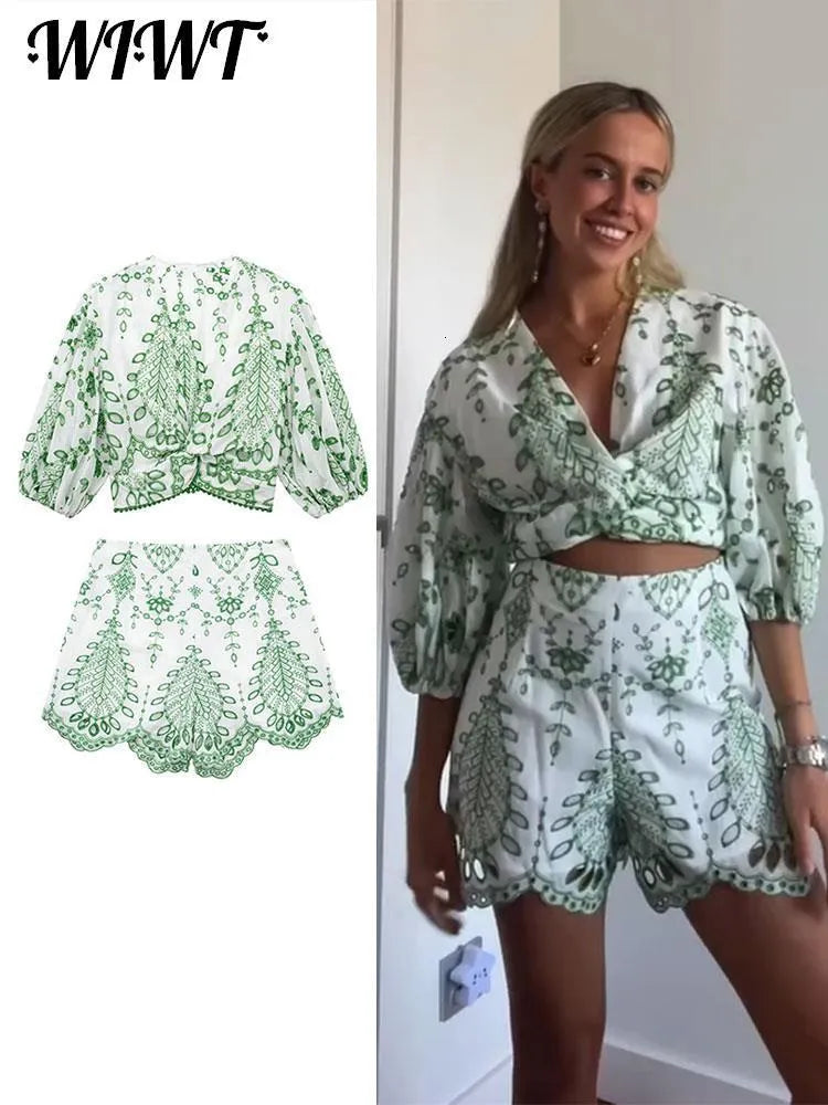 Womens Two Piece Pants Embroidery Puff Sleeve Top Short 2 Piece Sets Elegnat Vneck Hollow Out Blouse Female Suit Casual Wave Hem Short Pant Set 230720