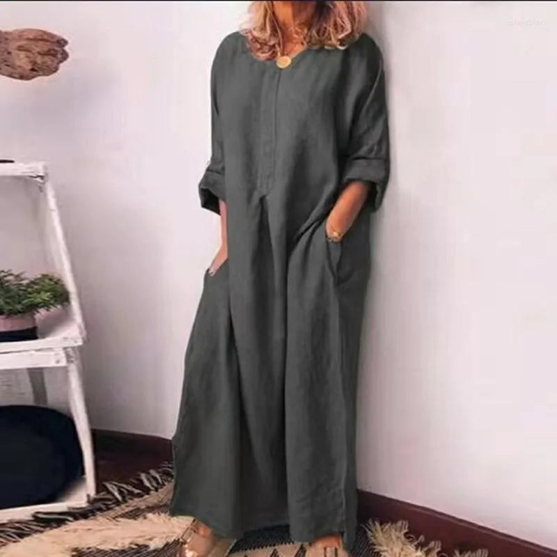 Casual Dresses 2023 Women Vintage Spring Fall Oversized Long Maxi Dress Solid Simple Sleeve Slit Hem Cotton Linen Robe