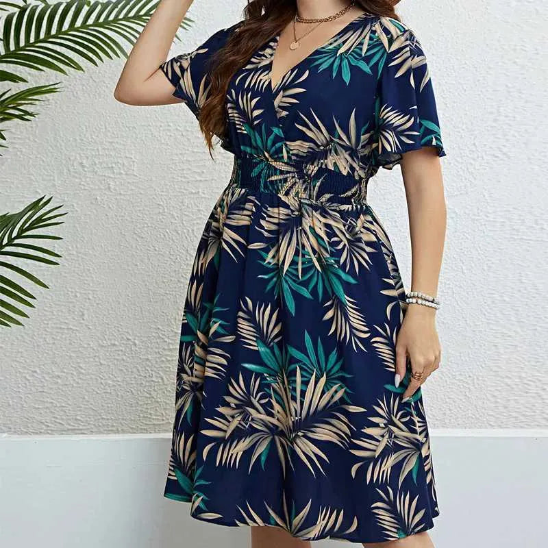 Basic Casual Dresses Plus Size Women Summer Dress Loose Fit Pleat Bohemian Elegant Girls Doll Dress Beach Oversize Short Slve Printed Women Dresses Y240429