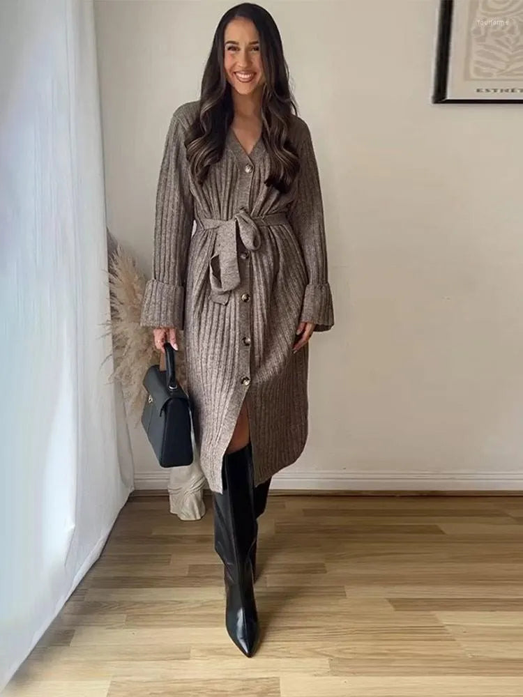 Casual Dresses Elegant Single Breasted Rib Knit Long Dress Women Oversized V-neck Sleeve Robe With Belt 2023 Autumn Female Vintage