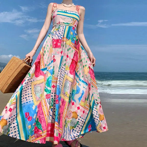 basic Casual Dres Elegant Print Colorful Lg Dr Women High Waist Spaghetti Straps Backl Sexy Aline Ladies Summer Beach Vacti Robe 230619 #