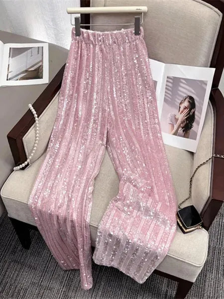 Women's Pants Circyy Sequins Women High Waisted Glitter Loose Wide Leg Trousers Vintage Fashion Full Length Shiny Straight Pant