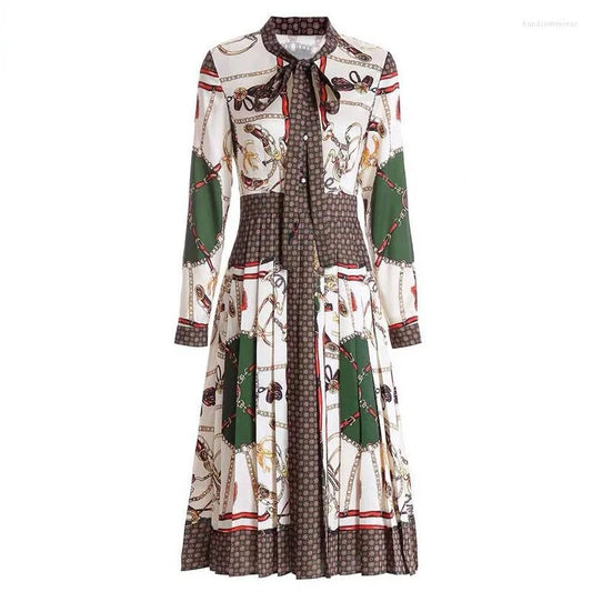 Designer Woman dress Spring Autumn Women's Long sleeve Vintage Print Elegant Bow Pleated Dresses Lady Clothes Slim Vestidos Robe