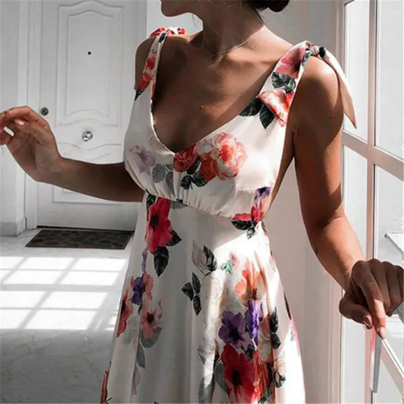 Casual Dresses Floral Print Dresses Women Summer Sleeveless V-Neck Backless Vintage Long Boho Party Cocktail Casual Loose Beach Pink Dress