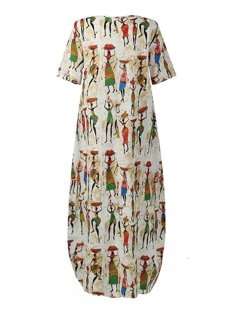 Basic Casual Dresses Women's Summer Sundress ZANZEA Stylish Cartoon Print Maxi Dress Casual Short Sleeve Tunic Vestidos Female O Neck Robe Oversize 230608