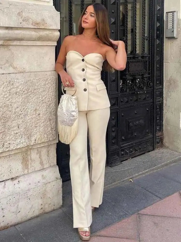 Women's Two Piece Pants KLKXMYT 2023 Women 2 Pieces Sets Fashion Single-Breasted Vest Straight Office Suit Vintage Woman Outfit