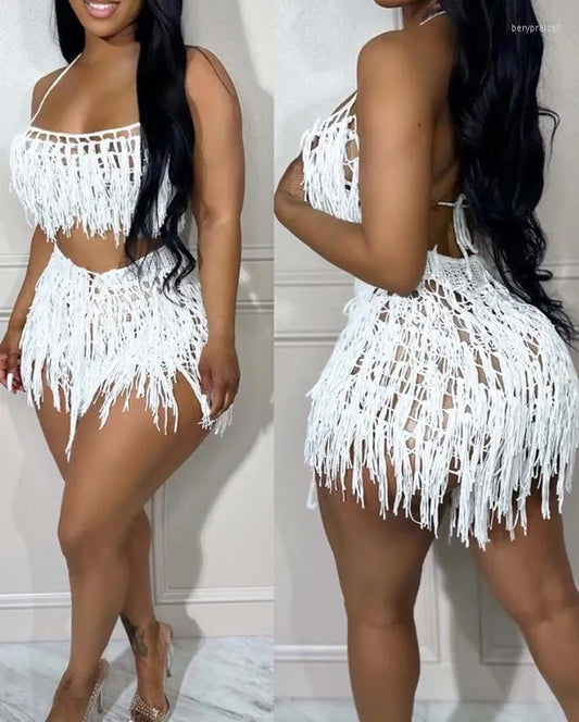 Women's Tracksuits Sexy Womens Two Piece Sets Outfit Spaghetti Strap Crop Crochet Top & Tassel Design Shorts Set Fashion 2023 Summer